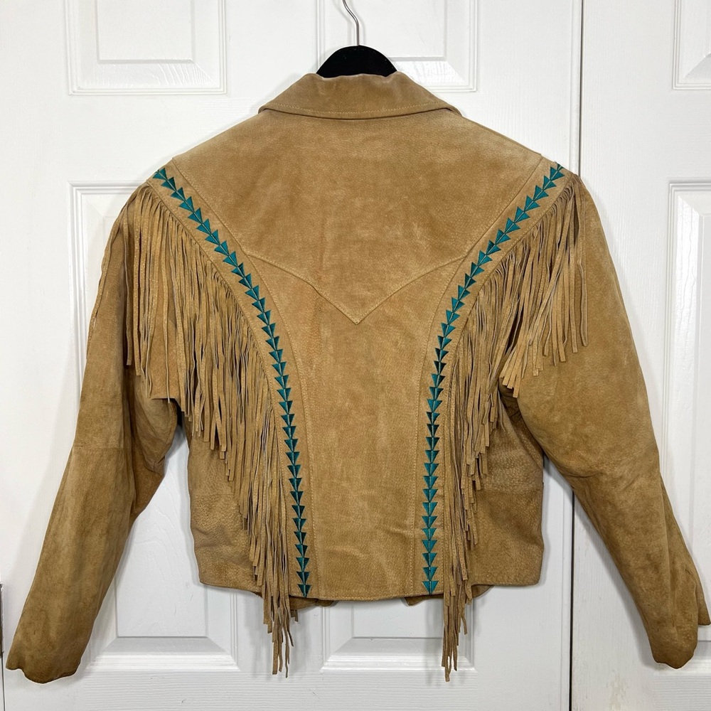 Vintage 80’s Pioneer Wear Fringe Suede Leather Tan Jacket Western Size S - Picture 2 of 15
